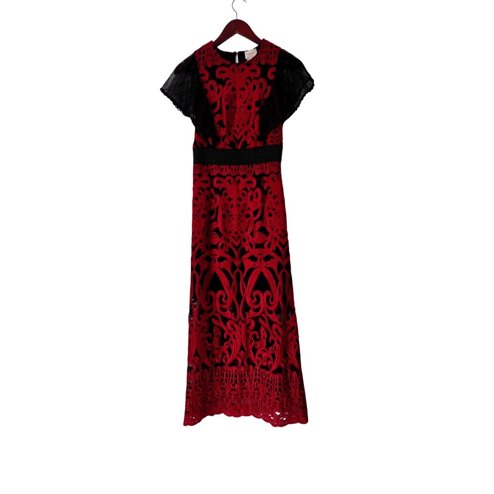 Foxiedox Rosabel Red Black Embroidered Maxi Dress Size 4 Dark Romantic Goth